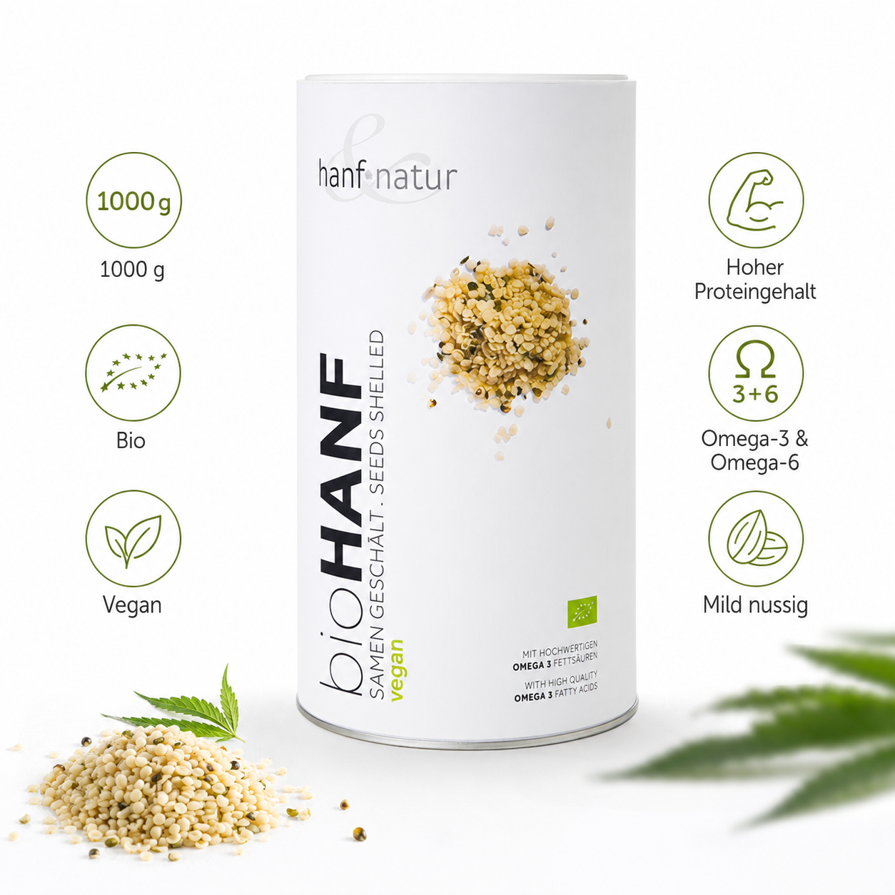 Bio Hanfsamen geschält von hanf & natur mit 1000 g Inhalt, vegan, proteinreich und mild-nussig