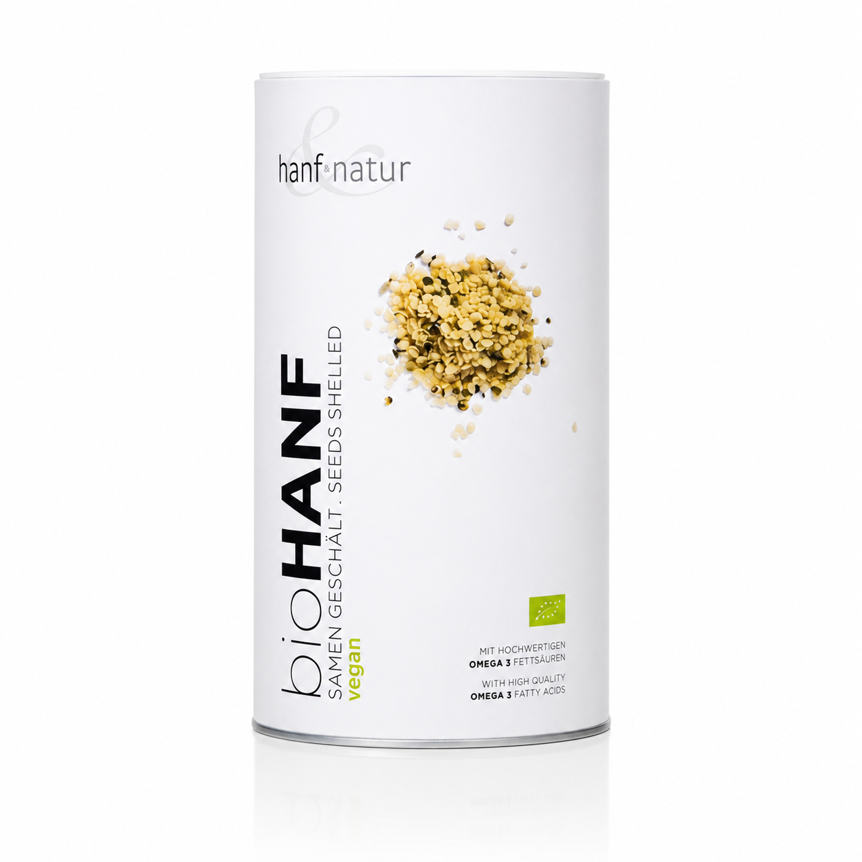 hanf & natur Bio Hanfsamen geschält in der 1000-g-Dose auf weißem Hintergrund