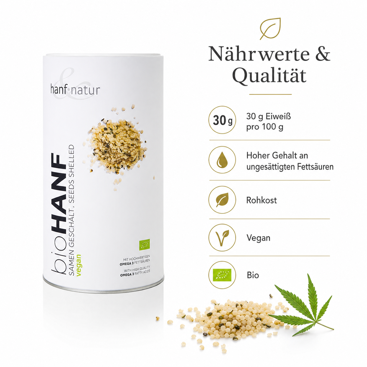 Nährwerte und Qualität der hanf & natur Bio Hanfsamen mit 30 g Eiweiß pro 100 g, vegan und in Rohkostqualität