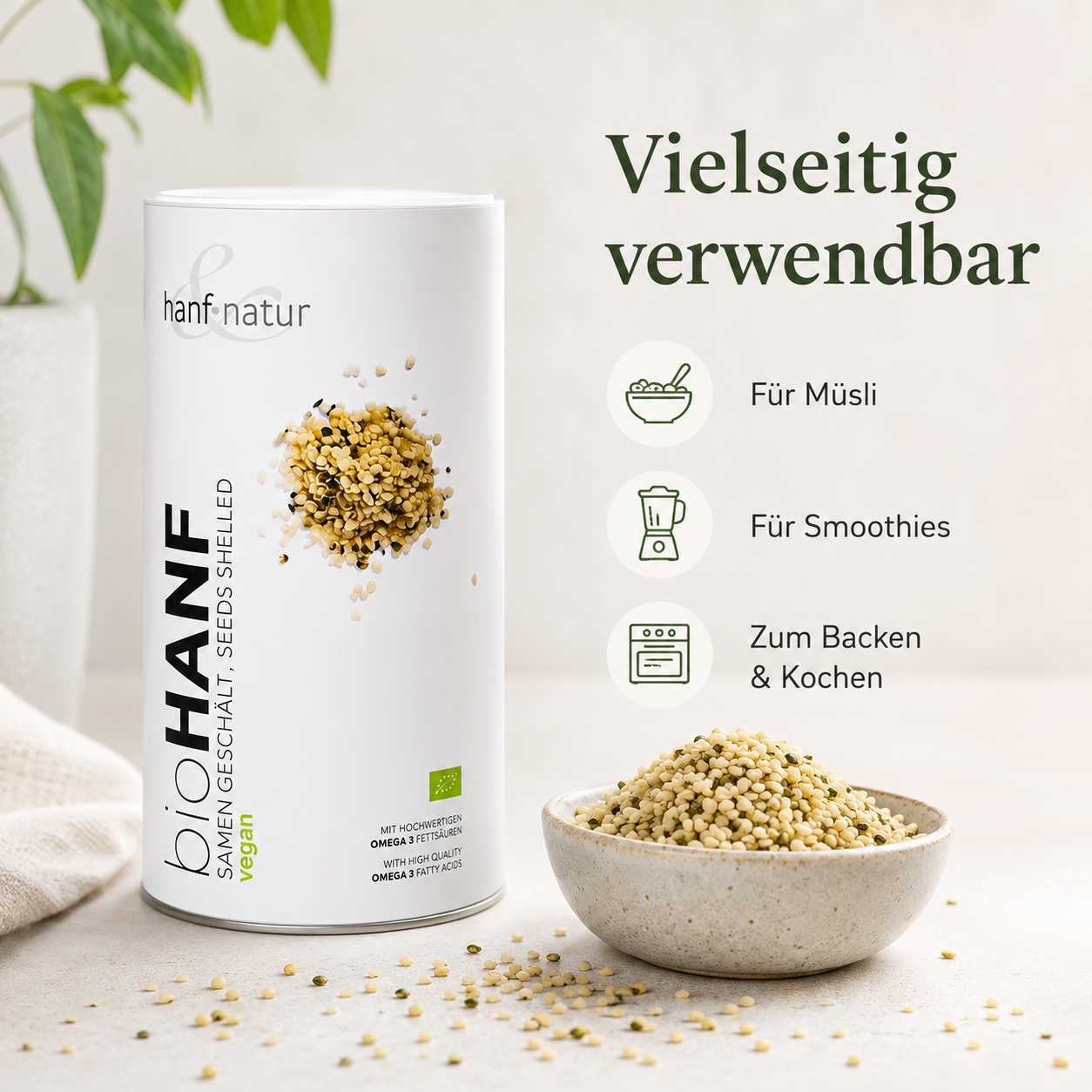 Geschälte Bio Hanfsamen von hanf & natur für Müsli, Smoothies sowie zum Backen und Kochen