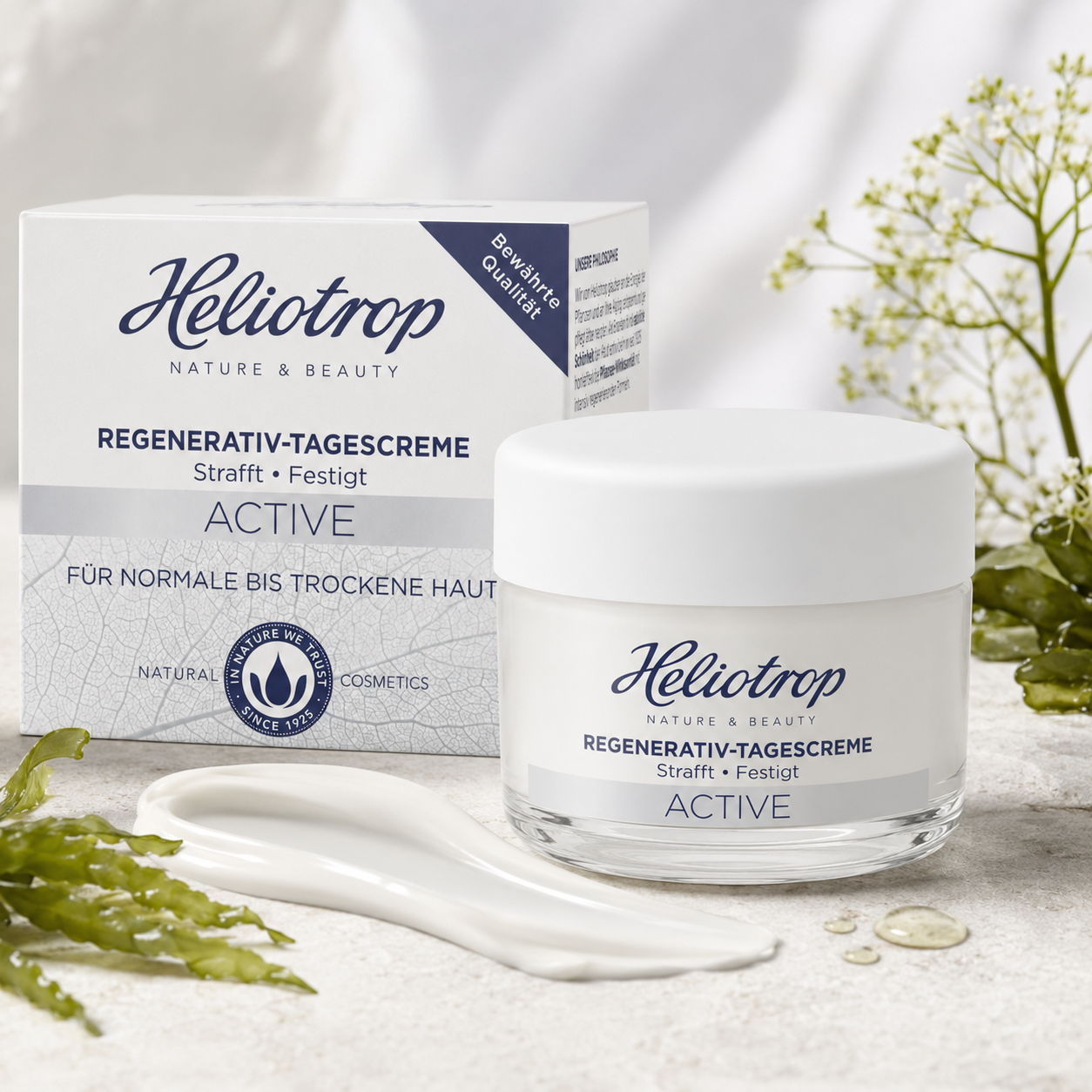 Heliotrop ACTIVE Regenerativ-Tagescreme mit Verpackung, Cremetextur und natürlichen Pflegeelementen