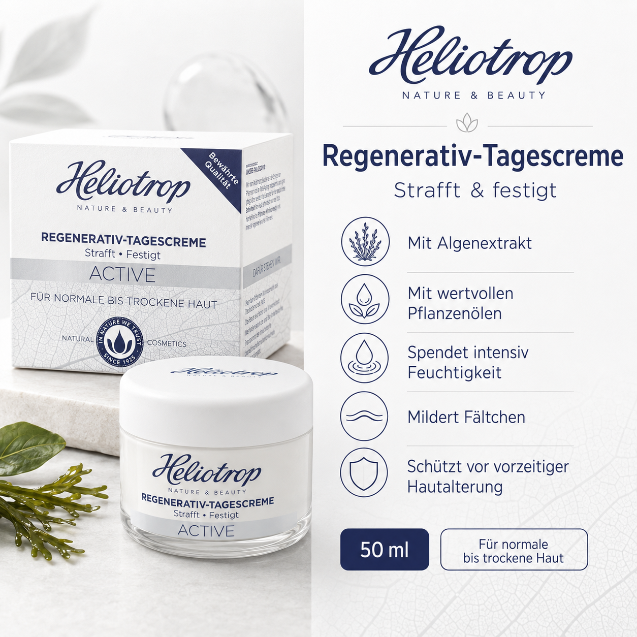 Heliotrop Regenerativ-Tagescreme mit Algenextrakt und Pflanzenölen für intensive Feuchtigkeit