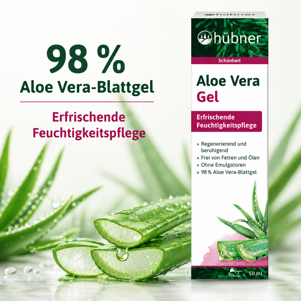 Hübner Aloe Vera Gel 50 ml mit 98 Prozent Aloe-Vera-Blattgel und frischen Aloe-Vera-Blättern