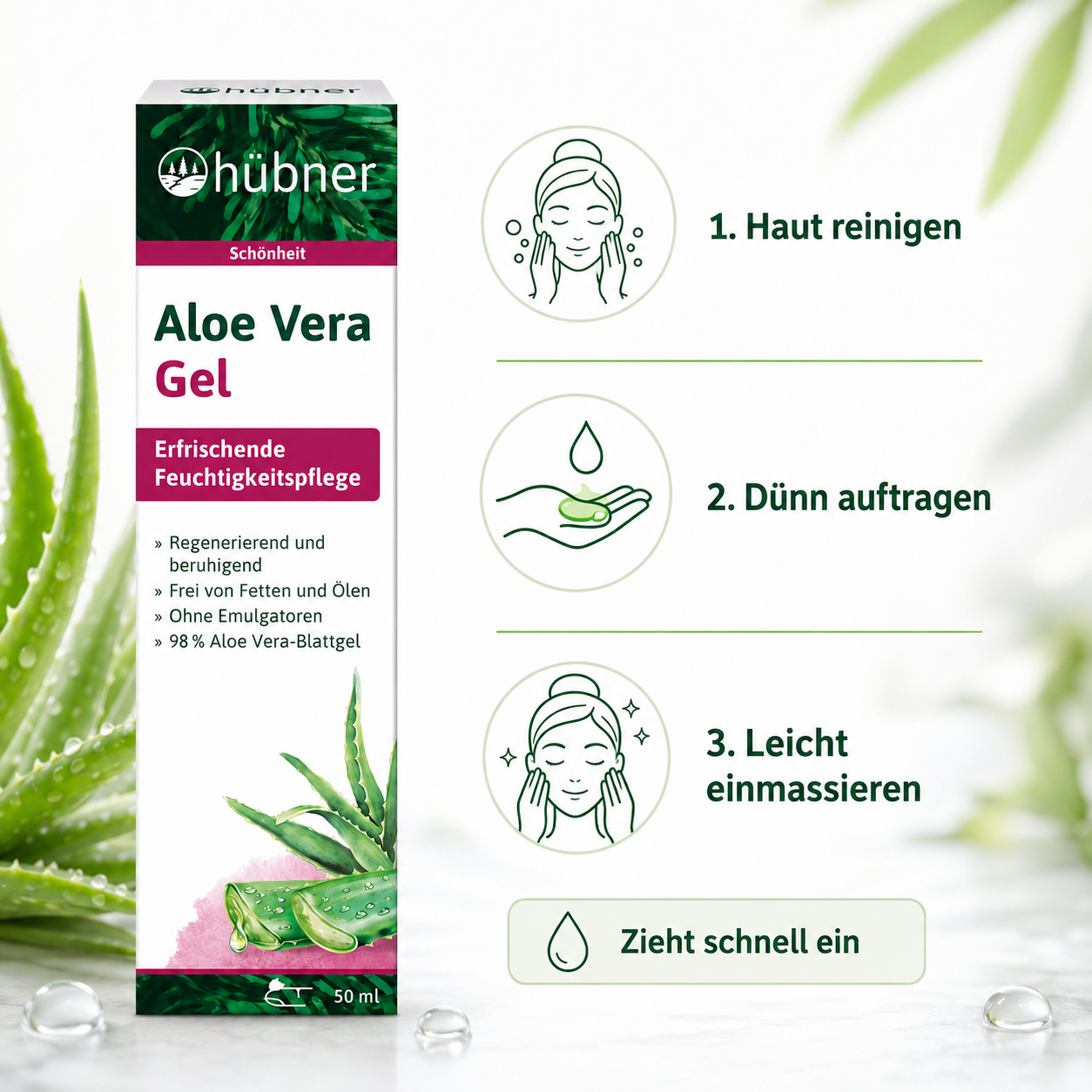 Anwendung des Hübner Aloe Vera Gels – Haut reinigen, Gel dünn auftragen und leicht einmassieren