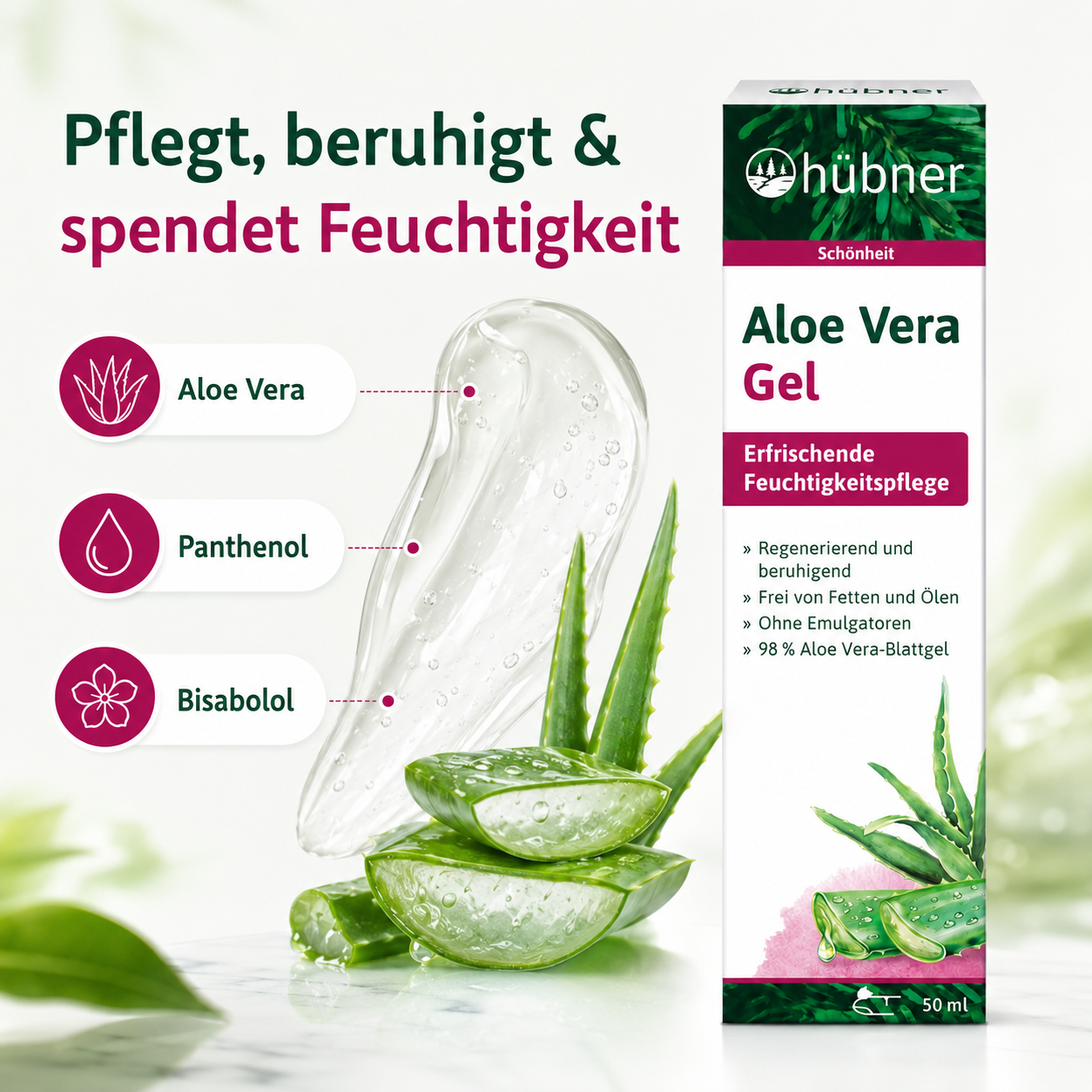 Hübner Aloe Vera Gel mit Aloe Vera, Panthenol und Bisabolol für beruhigende Feuchtigkeitspflege