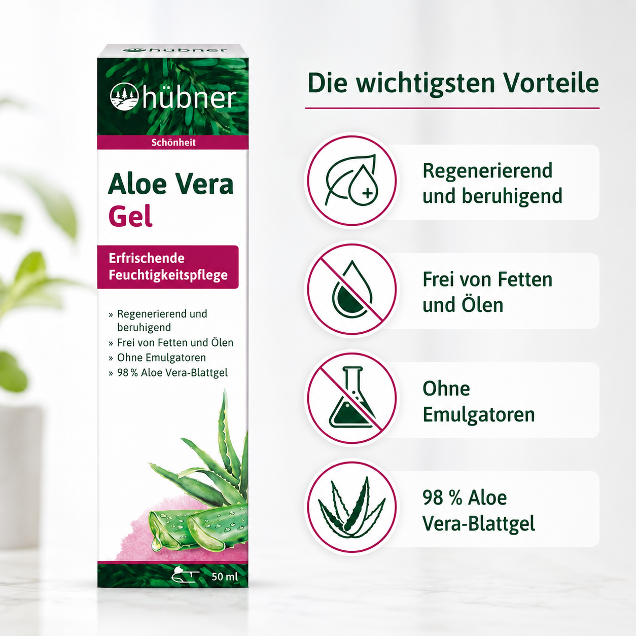 Vorteile des Hübner Aloe Vera Gels – beruhigend, regenerierend, fettfrei und ohne Emulgatoren