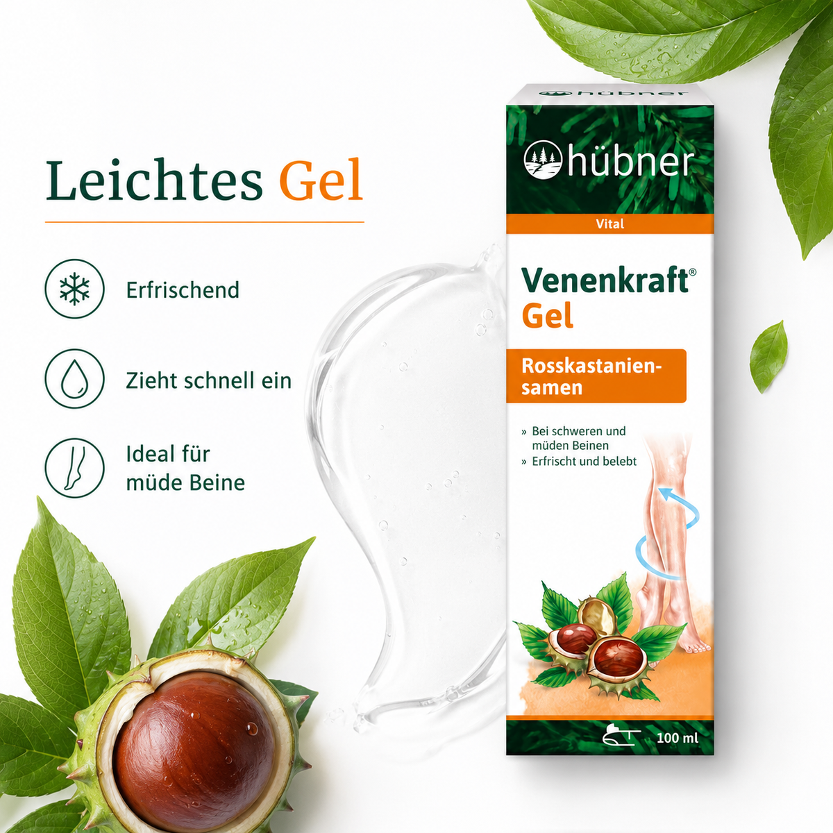 Leichte Geltextur des Hübner Venenkraft Gels – erfrischend und schnell einziehend für müde Beine