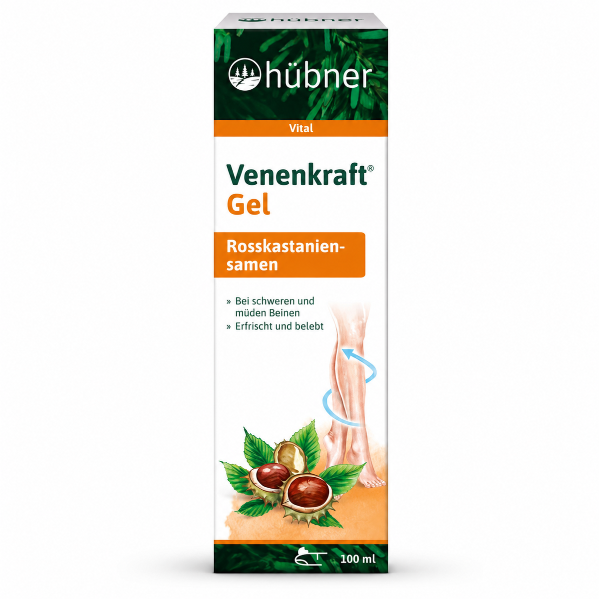 Hübner Venenkraft Gel mit Rosskastaniensamen, 100 ml, Produktverpackung auf weißem Hintergrund