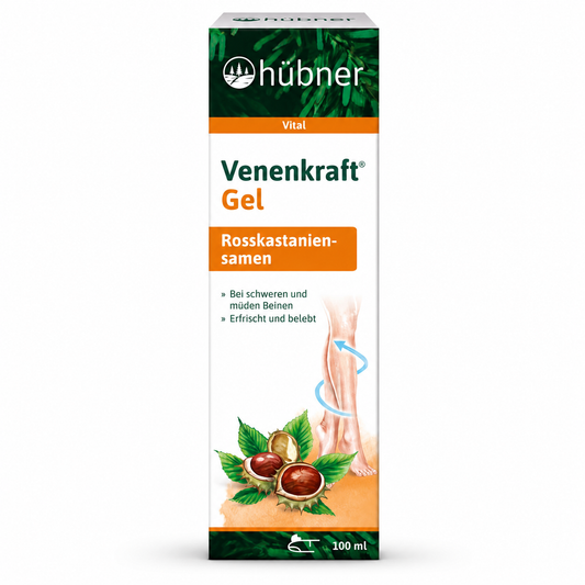 Hübner Venenkraft Gel mit Rosskastaniensamen, 100 ml, Produktverpackung auf weißem Hintergrund