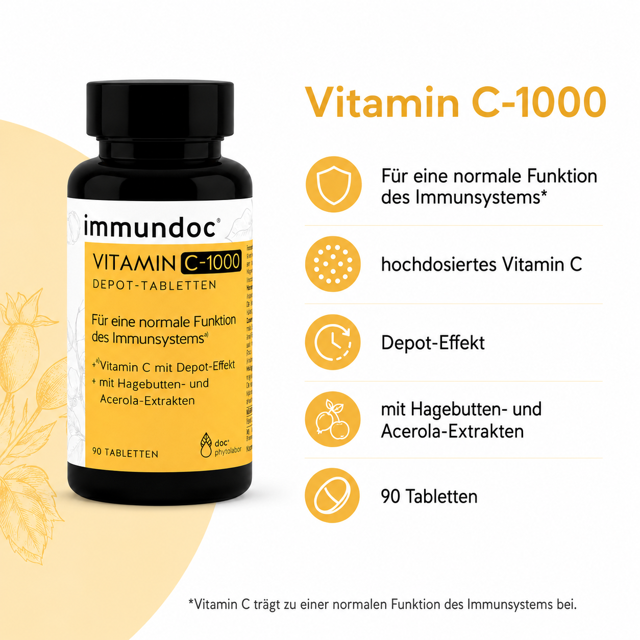 immundoc Vitamin C-1000 mit Depot-Effekt, Hagebutten- und Acerola-Extrakten
