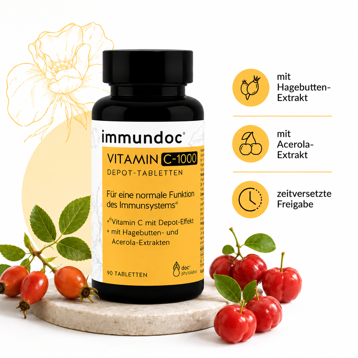 immundoc Vitamin C-1000 Depot-Tabletten mit Hagebutten- und Acerola-Extrakten