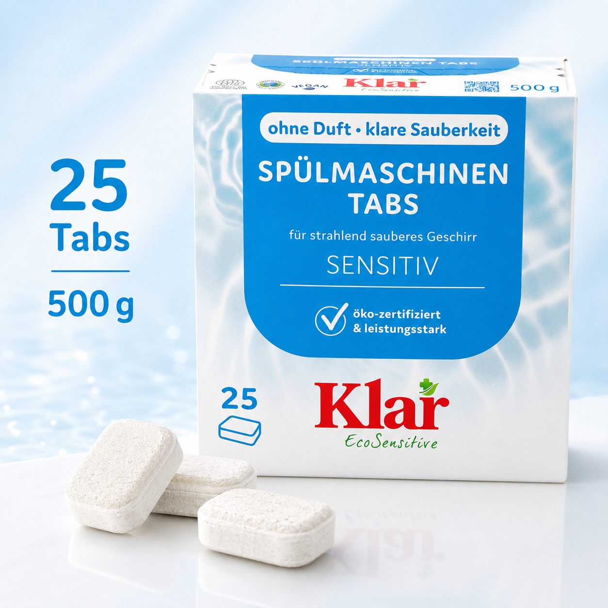 Klar EcoSensitive Spülmaschinen Tabs mit einzelnen Tabs im Vordergrund, Packung mit 25 Tabs und 500 g
