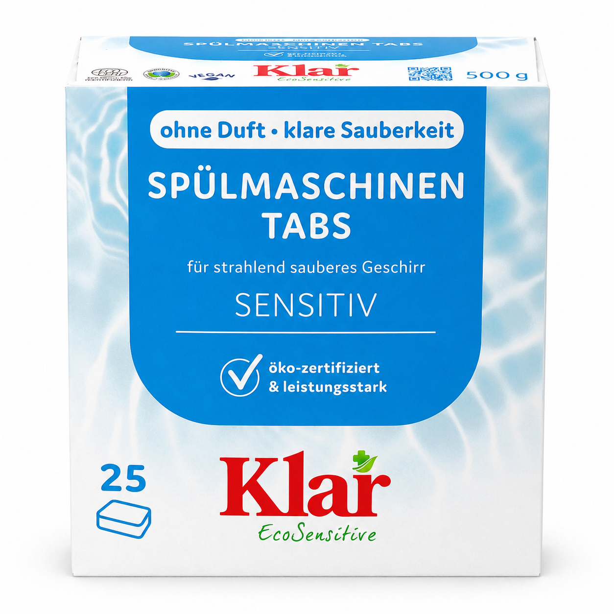 Klar EcoSensitive Spülmaschinen Tabs 500 g mit 25 Tabs, ohne Duft, frontal abgebildet
