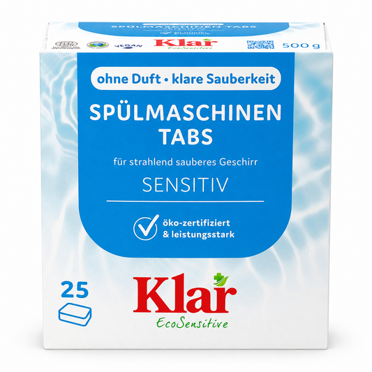 Klar EcoSensitive Spülmaschinen Tabs 500 g mit 25 Tabs, ohne Duft, frontal abgebildet