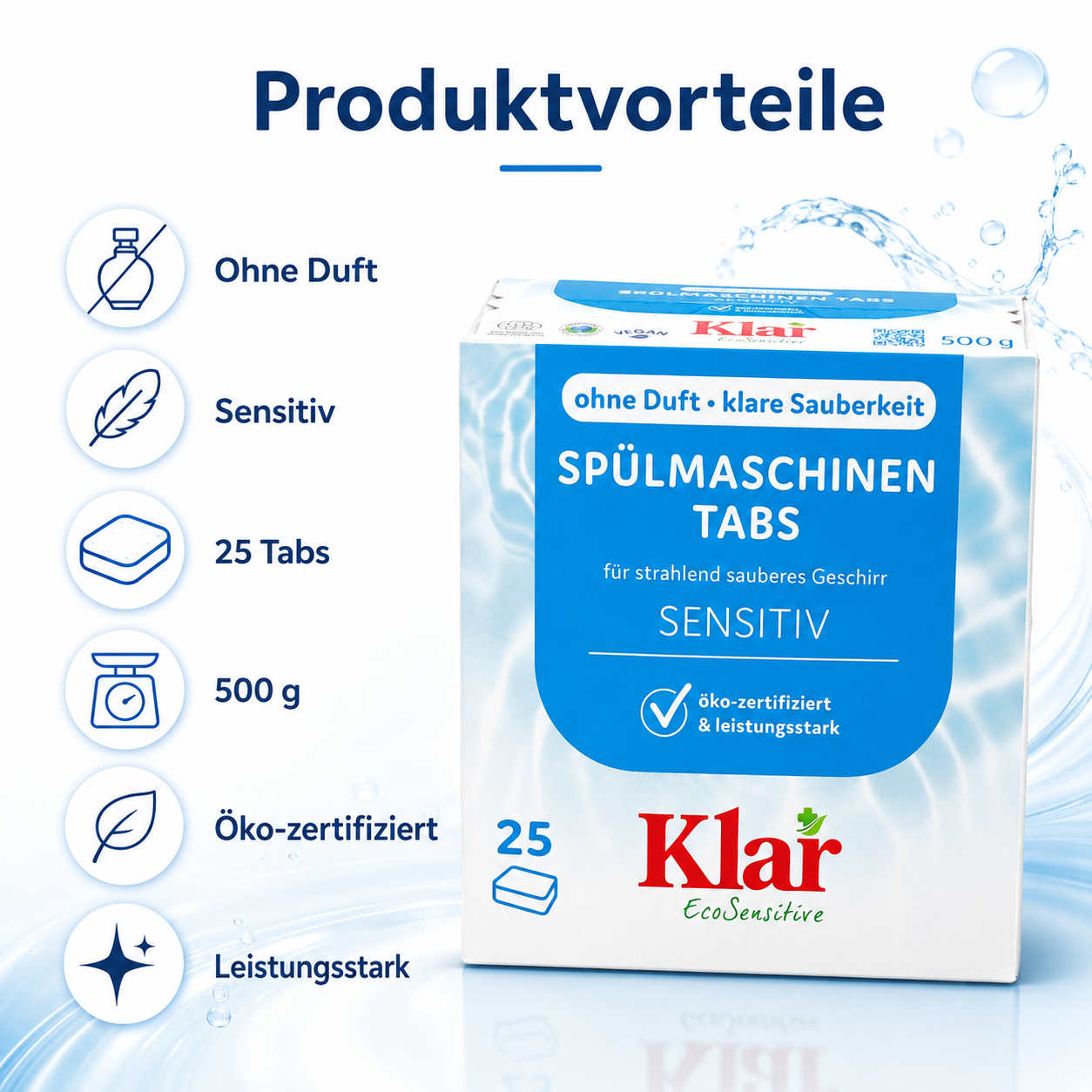 Produktvorteile der Klar EcoSensitive Spülmaschinen Tabs: ohne Duft, sensitiv, 25 Tabs und 500 g