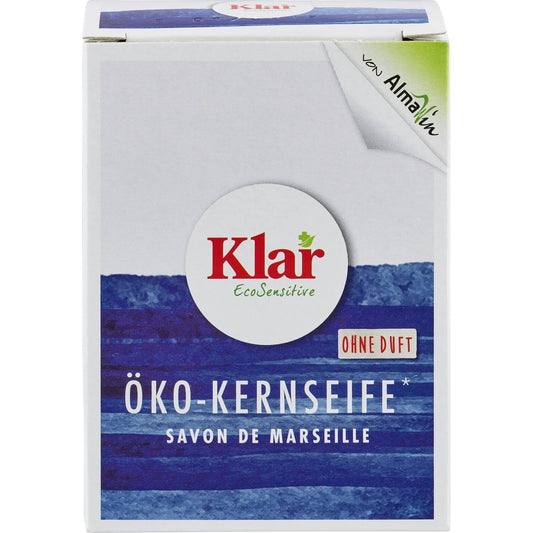 Klar Öko-Kernseife 100 g – vegane, duftfreie Pflanzenölseife in FSC-verpackter Faltschachtel, frontal abgebildet