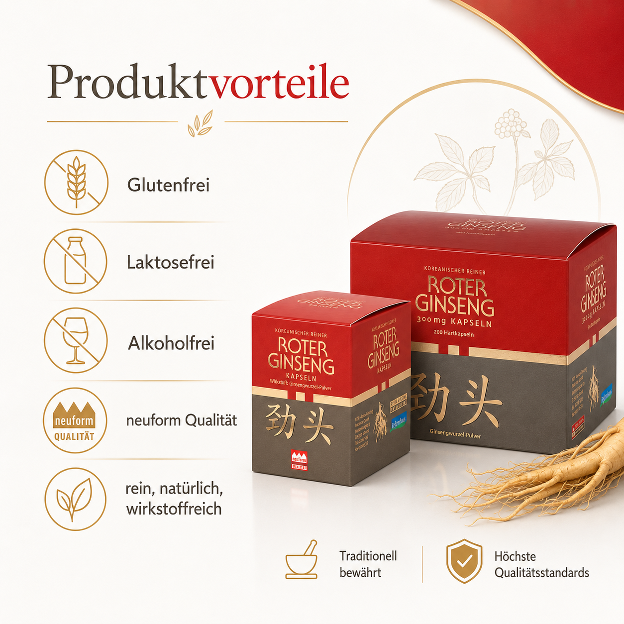 Produktvorteile der Koreanischer Roter Ginseng Kapseln: glutenfrei, laktosefrei, alkoholfrei und neuform Qualität