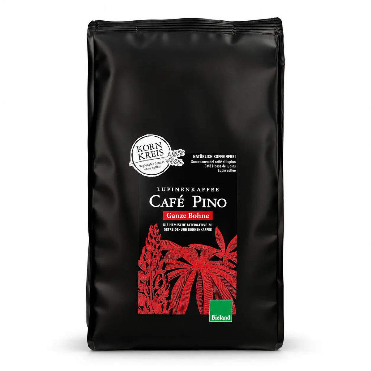 Kornkreis Café Pino Lupinenkaffee, ganze Bohne, 500 g – schwarze Packung von vorn
