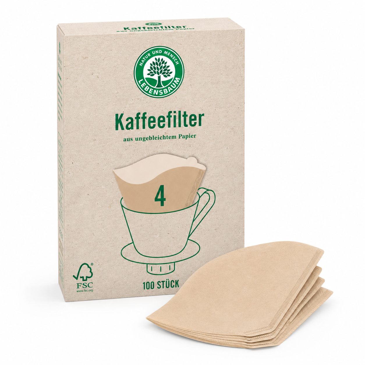 Lebensbaum Kaffeefilter Größe 4 mit ungebleichten Filtertüten vor der 100-Stück-Packung