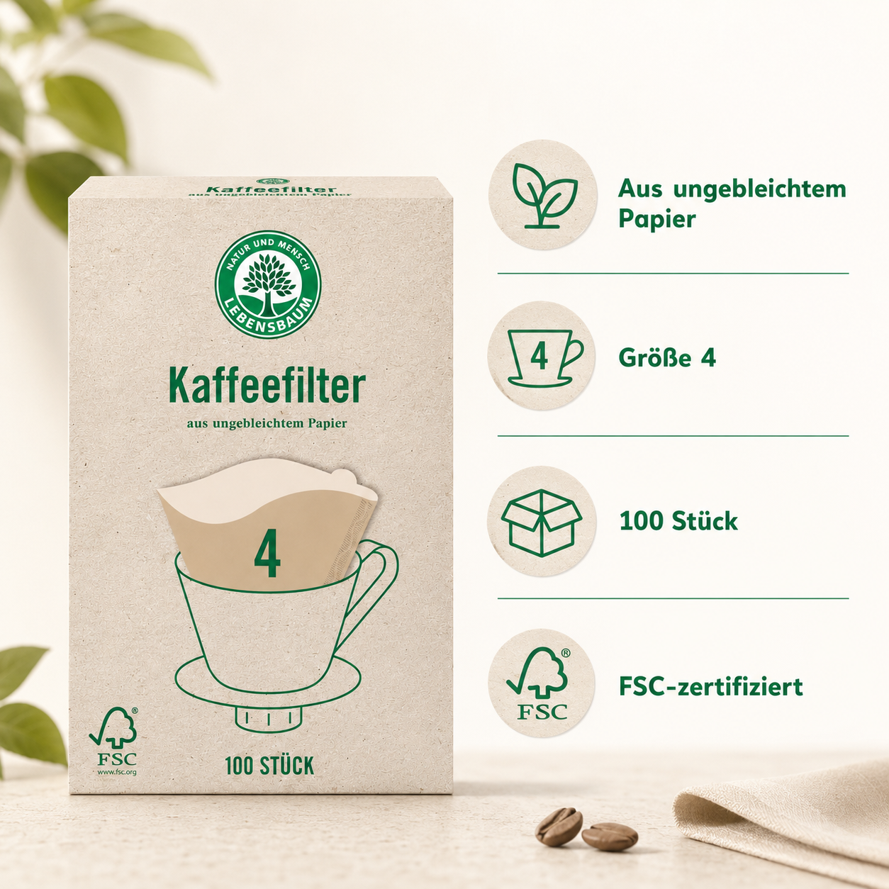 Lebensbaum Kaffeefilter Größe 4 – ungebleichtes Papier, 100 Stück und FSC-zertifiziert