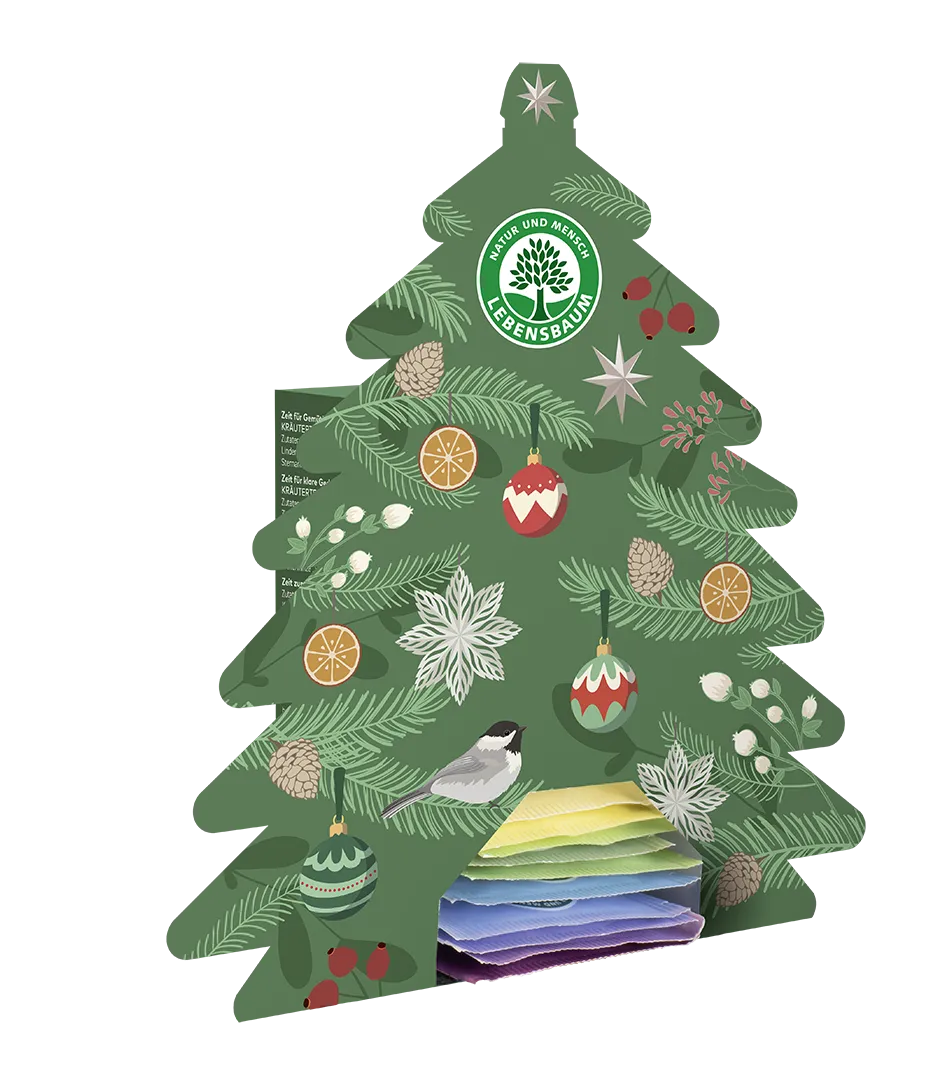 Lebensbaum Tee Adventskalender in 3D-Ansicht in Tannenbaumform mit Teebeuteln im Inneren