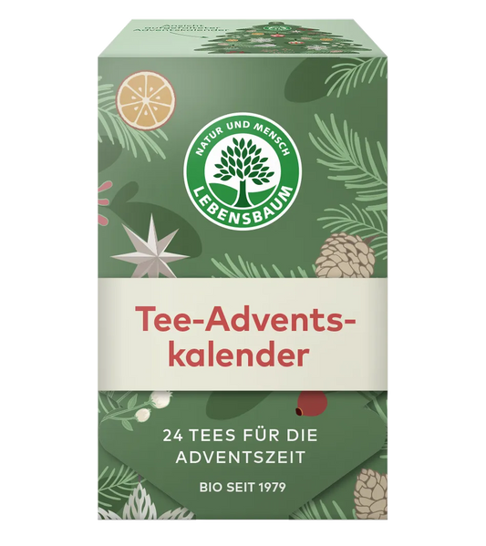 Lebensbaum Tee Adventskalender – offizieller Packshot mit Bio-Siegel und FSC-Verpackung