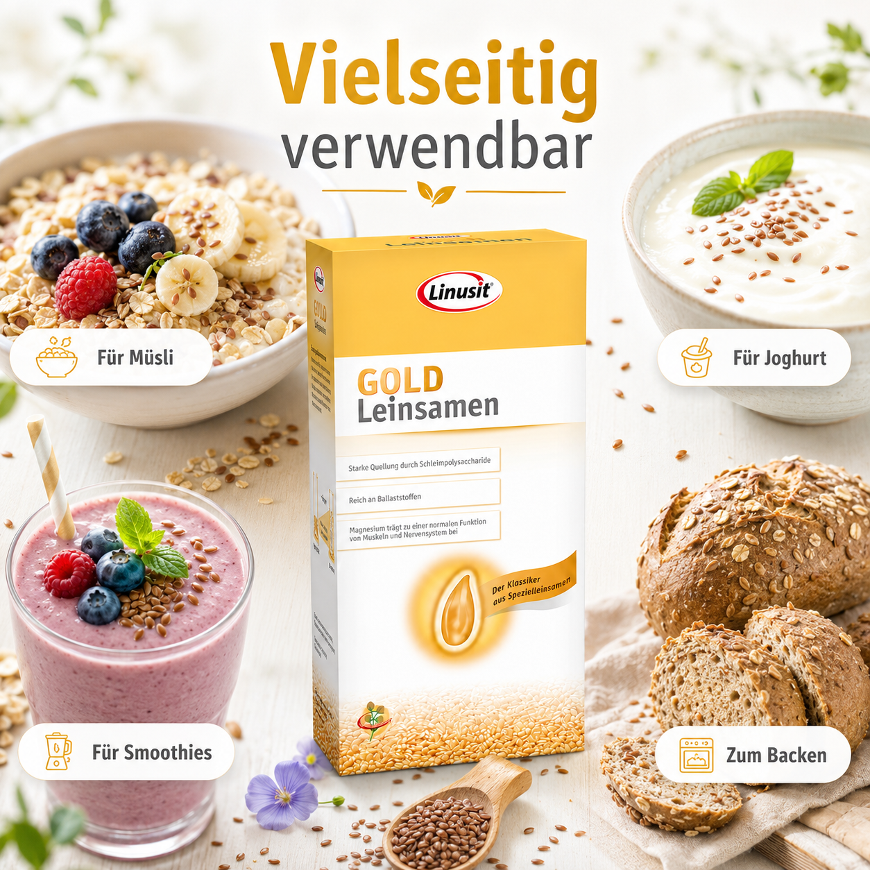 Linusit Gold Leinsamen für Müsli, Joghurt, Smoothies und zum Backen