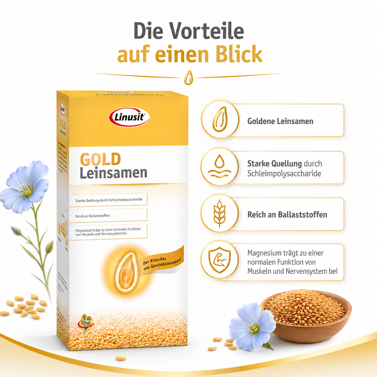 Vorteile von Linusit Gold Leinsamen mit Ballaststoffen und natürlichem Quellvermögen