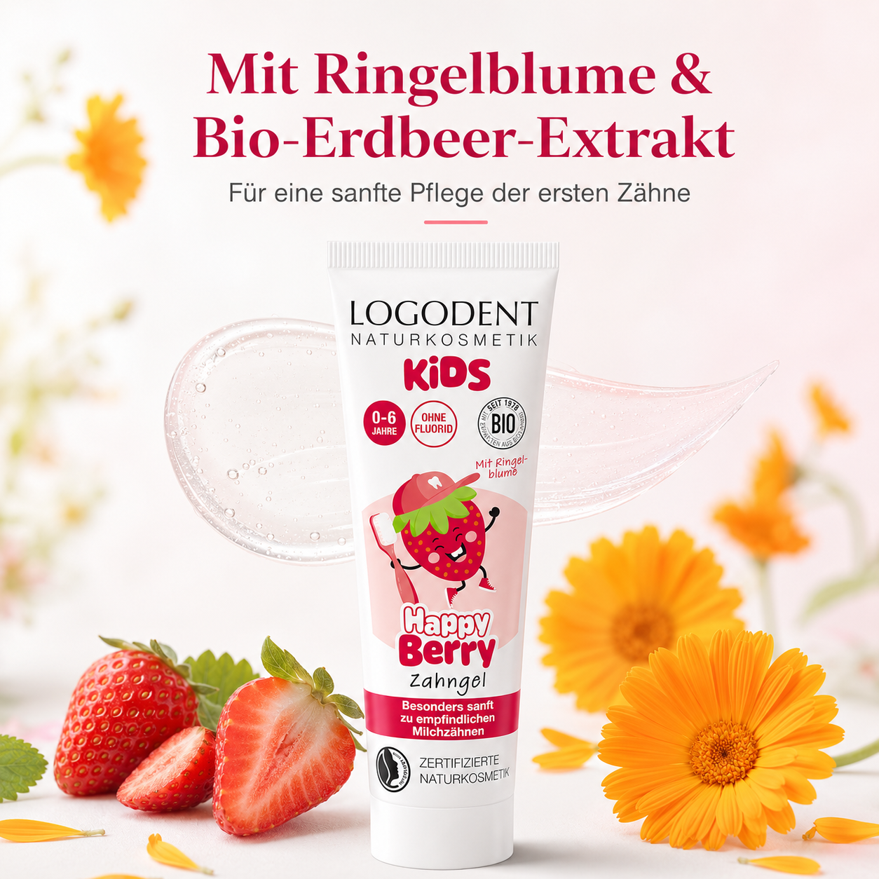 LOGODENT Happy Berry Zahngel mit Ringelblume und Bio-Erdbeer-Extrakt für erste Zähne