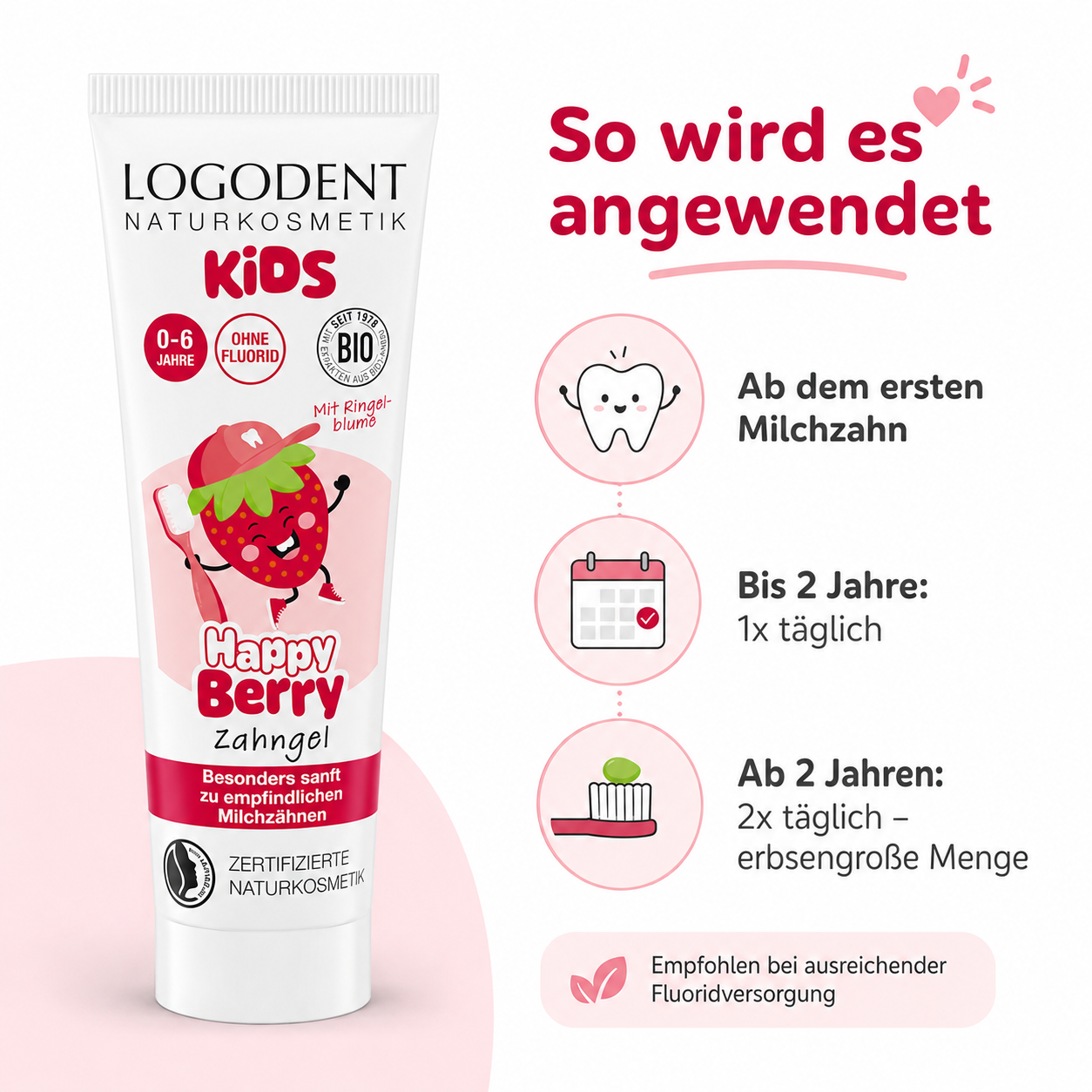 Anwendung des LOGODENT Kinderzahngels ab dem ersten Milchzahn mit erbsengroßer Menge