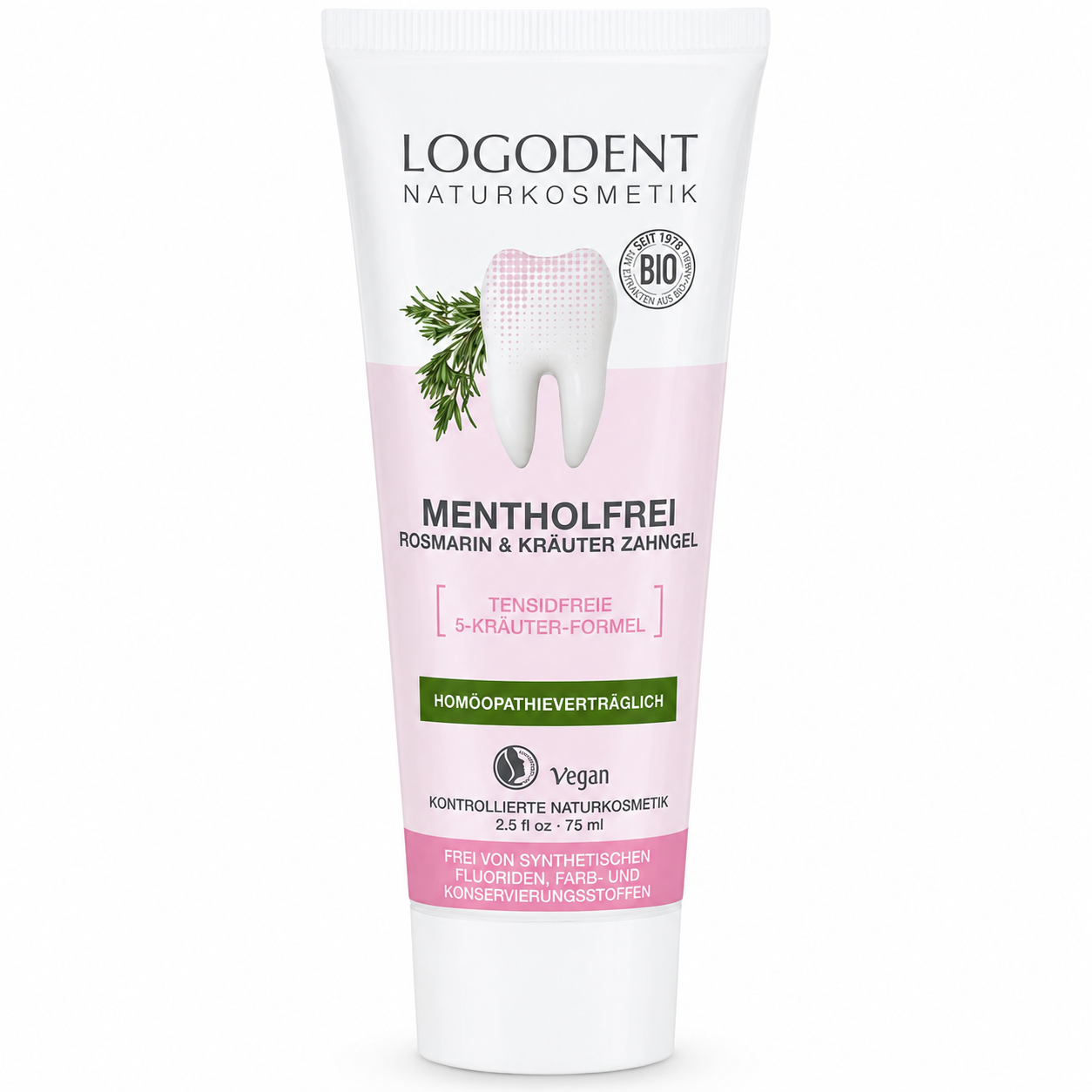 LOGODENT Mentholfrei Rosmarin & Kräuter Zahngel 75 ml, vegane Naturkosmetik-Zahnpflege