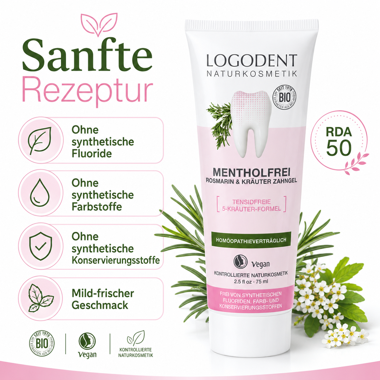 LOGODENT Mentholfrei Zahngel ohne synthetische Fluoride, Farbstoffe und Konservierungsstoffe, RDA 50