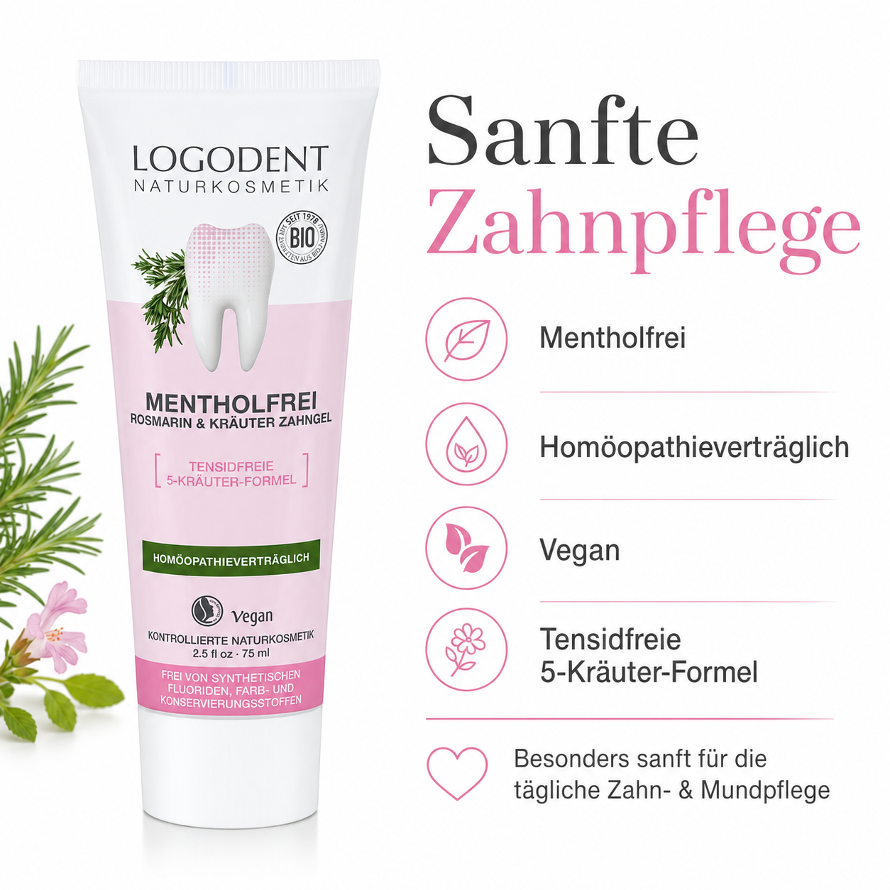 LOGODENT mentholfreies Zahngel für sanfte Zahnpflege, vegan und homöopathieverträglich