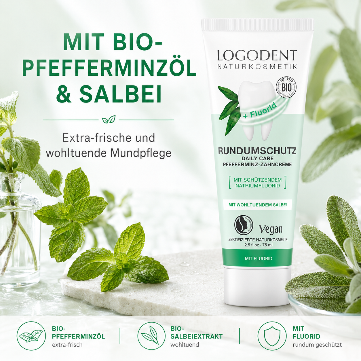 LOGODENT Pfefferminz-Zahncreme mit Bio-Pfefferminzöl und wohltuendem Salbei für frische Mundpflege