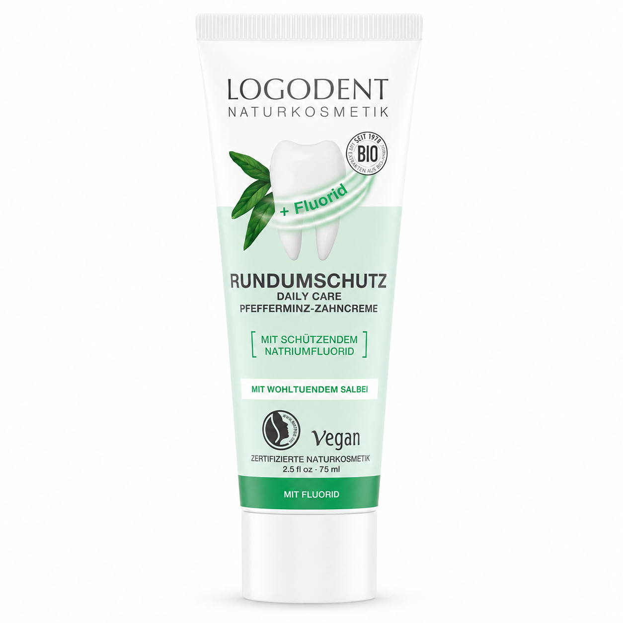LOGODENT Rundumschutz Daily Care Pfefferminz-Zahncreme mit Fluorid, vegane Naturkosmetik, 75 ml Tube