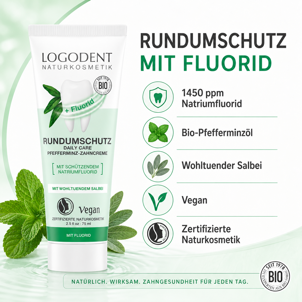 LOGODENT Zahncreme mit 1450 ppm Natriumfluorid für täglichen Rundumschutz und Kariesprophylaxe