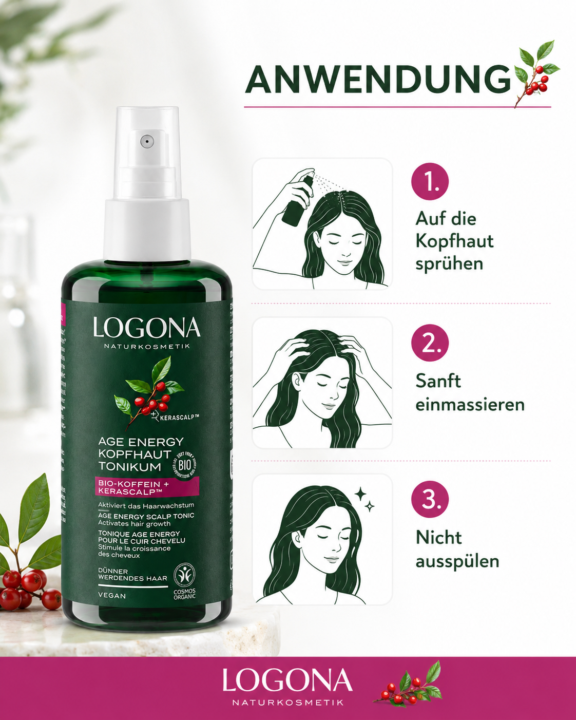 Anwendung des LOGONA Age Energy Kopfhaut-Tonikums auf der Kopfhaut und sanftes Einmassieren