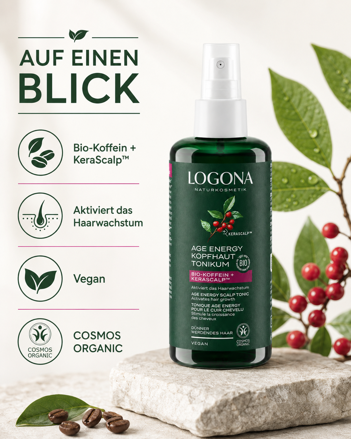 LOGONA Age Energy Kopfhaut-Tonikum – vegan, COSMOS Organic und mit Bio-Koffein und KeraScalp