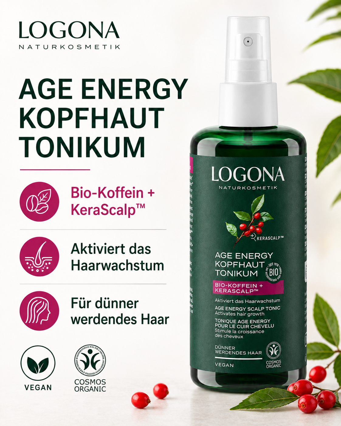 LOGONA Age Energy Kopfhaut-Tonikum mit Bio-Koffein und KeraScalp zur Unterstützung des Haarwachstums