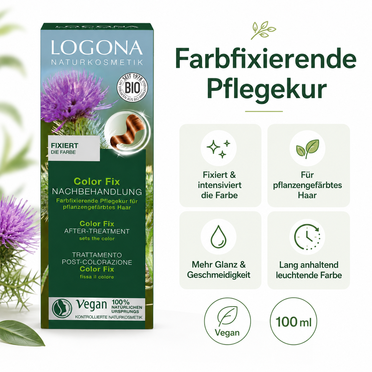 LOGONA Color Fix Pflegekur mit Vorteilen für Glanz, Geschmeidigkeit und lang anhaltende Pflanzenhaarfarbe