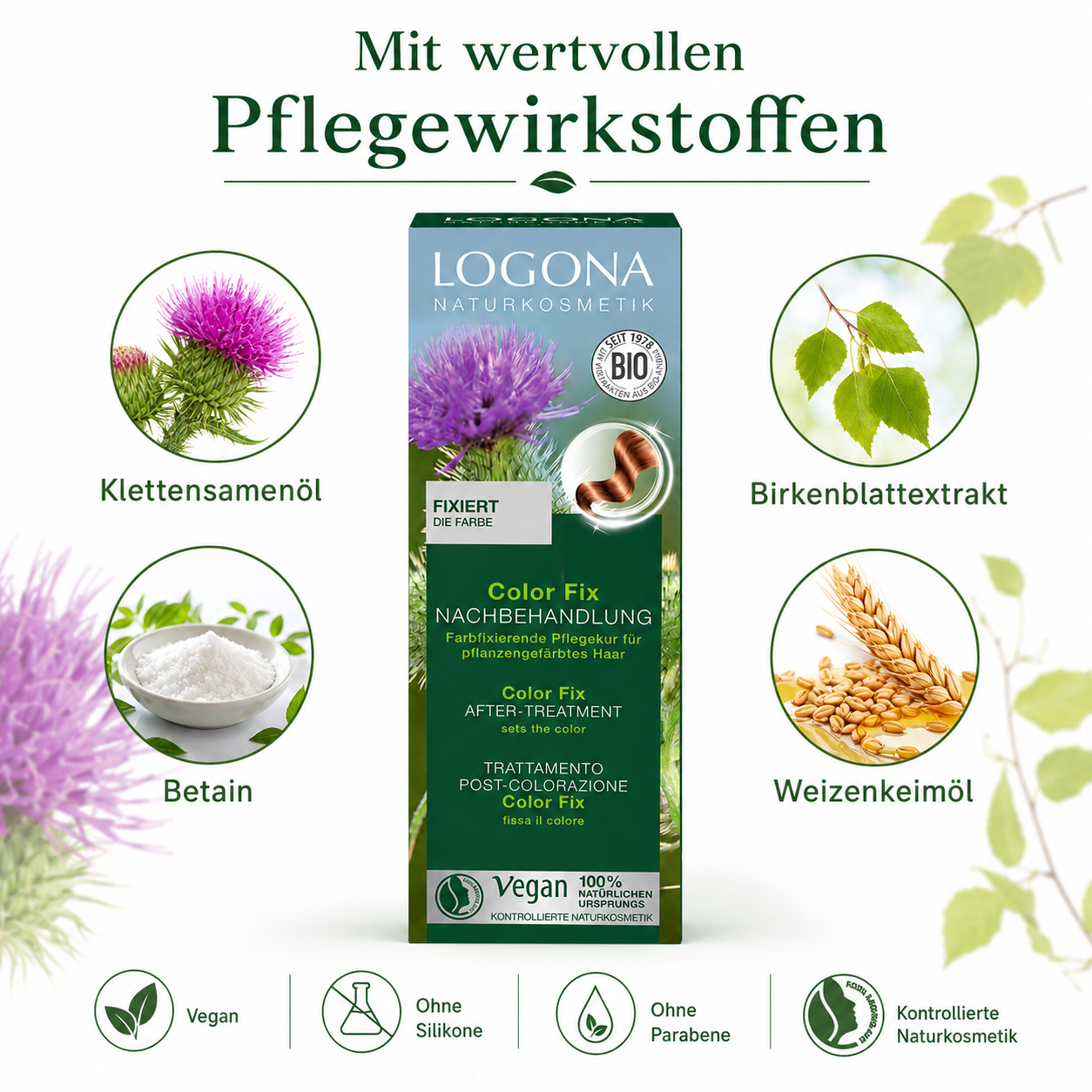 LOGONA Color Fix mit Klettensamenöl, Betain, Birkenblattextrakt und Weizenkeimöl