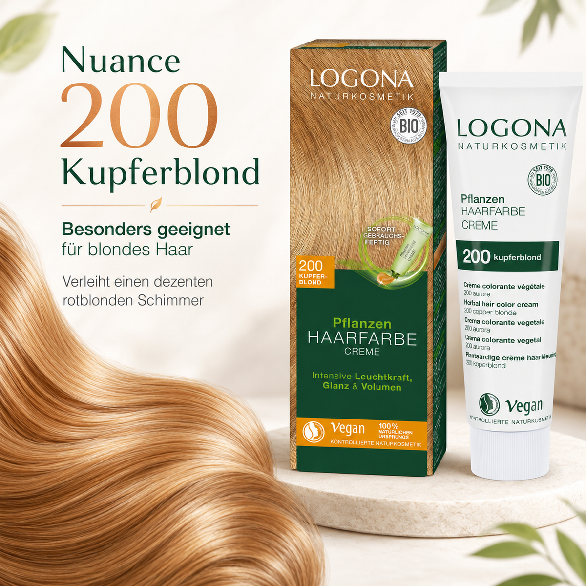 LOGONA Haarfarbe Nuance 200 Kupferblond für blondes Haar mit dezent rotblondem Schimmer