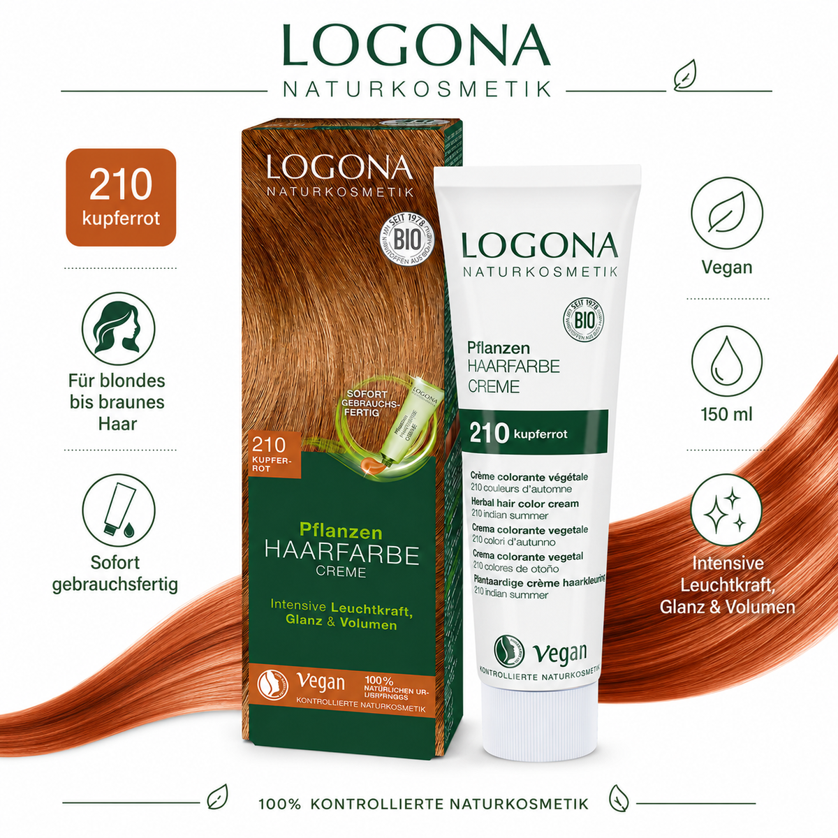 LOGONA Haarfarbe 210 Kupferrot mit Angaben zu 150 ml, veganer Rezeptur und gebrauchsfertiger Creme