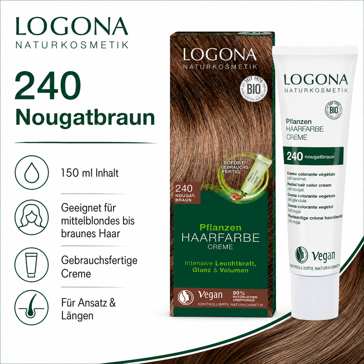 LOGONA Pflanzenhaarfarbe 240 Nougatbraun mit 150 ml Inhalt für mittelblondes bis braunes Haar
