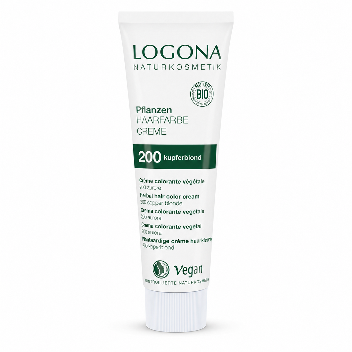 Tube der LOGONA Pflanzen-Haarfarbe Creme 200 Kupferblond mit 150 ml Inhalt