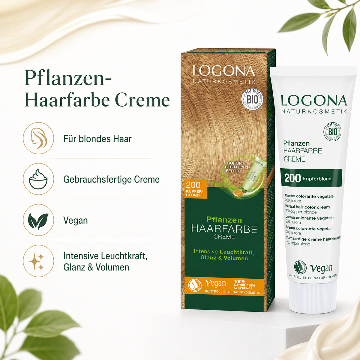 LOGONA Pflanzen-Haarfarbe Kupferblond mit Vorteilen wie gebrauchsfertige Creme, vegan, Glanz und Volumen