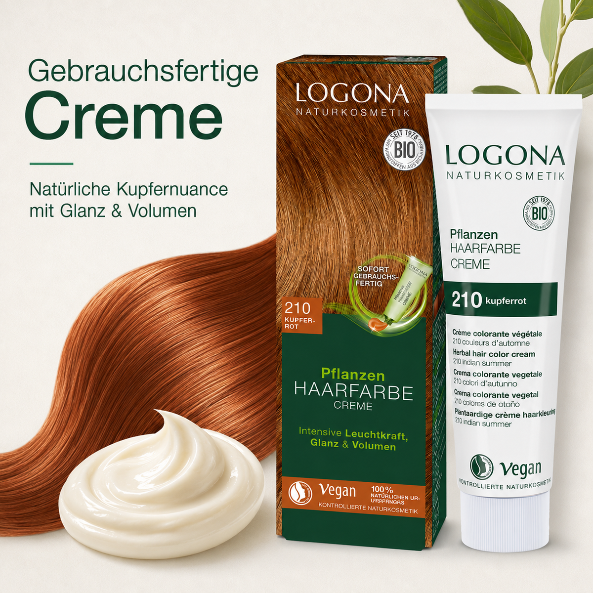 LOGONA Pflanzen-Haarfarbe Creme 210 Kupferrot mit cremiger Textur und glänzender kupferroter Farbnuance