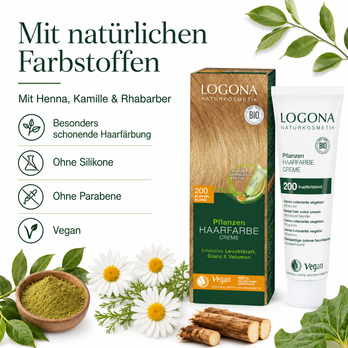LOGONA Pflanzen-Haarfarbe mit natürlichen Farbstoffen aus Henna, Kamille und Rhabarber