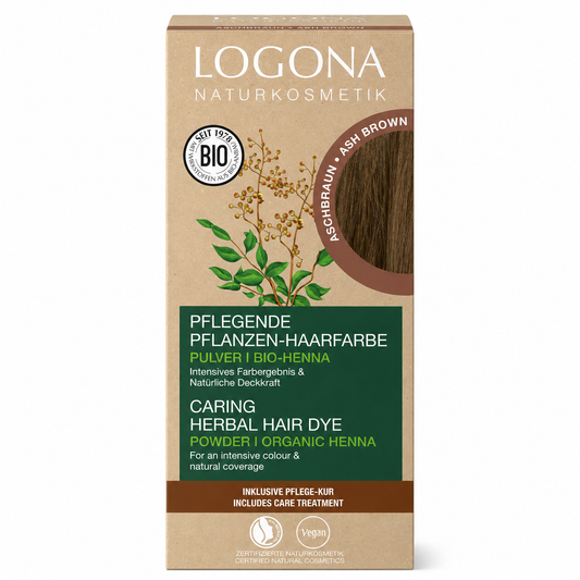 LOGONA Pflanzen-Haarfarbe Pulver Aschbraun 100 g in frontaler Ansicht auf weißem Hintergrund