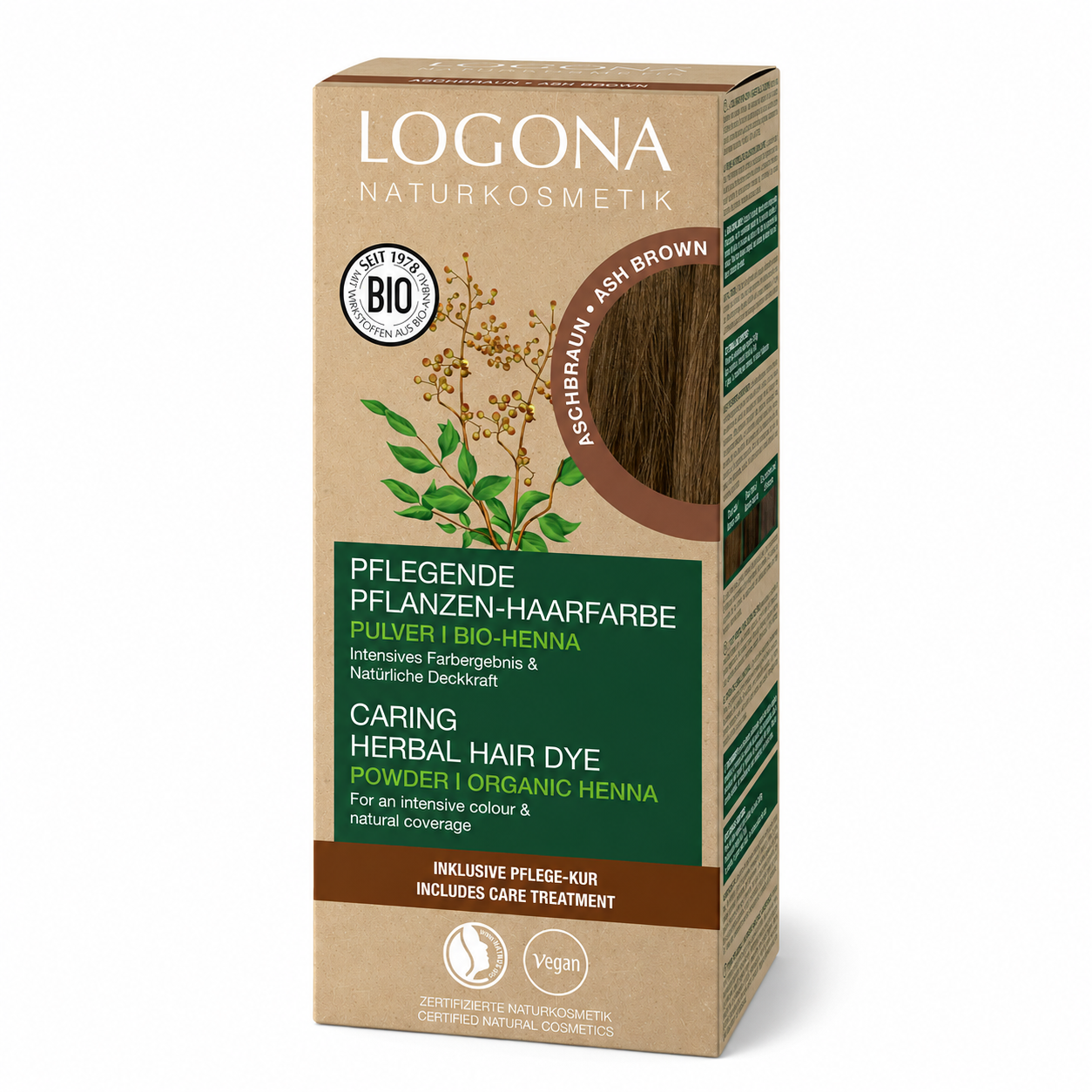 LOGONA Pflanzen-Haarfarbe Pulver Aschbraun 100 g in schräger Seitenansicht auf weißem Hintergrund